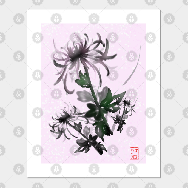 Sumie chrysanthemum on pink background Pretty Flower Posters and